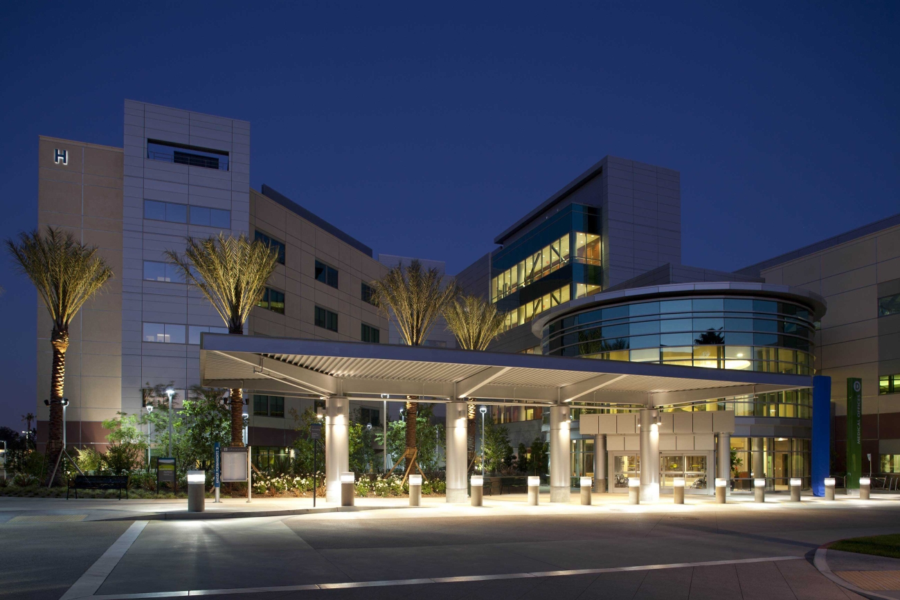 hospital building exterior at night